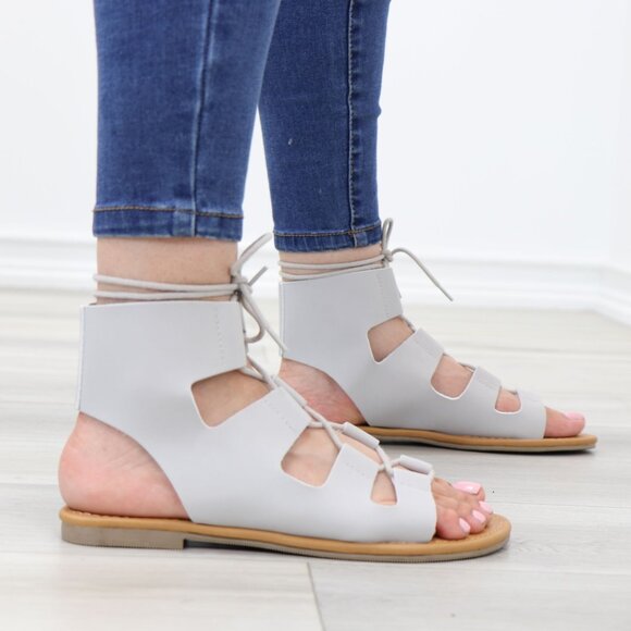 Gray Gladiator Laced-Up Bootie Style Flat Sandals - Picture 8 of 14